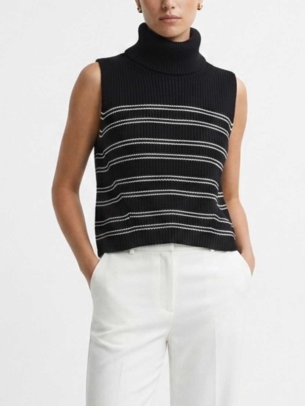 French Connection Mozart Striped Chunky Cotton Knit Cowl Neck Sweater Vest L